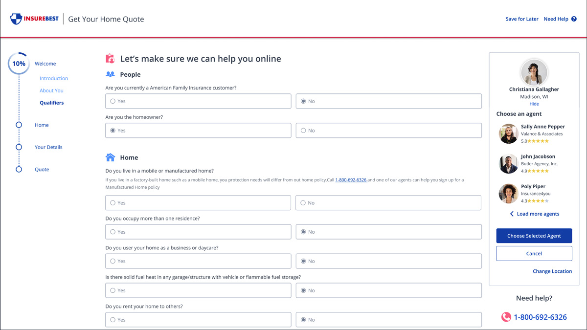 Wireframe showing the Agent Awareness Component integrated into the insurance quote process, highlighting real-time support options for users.