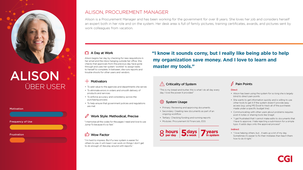 Persona profile for Alison, a procurement manager, part of five user personas with varying mastery levels used to guide the redesign.