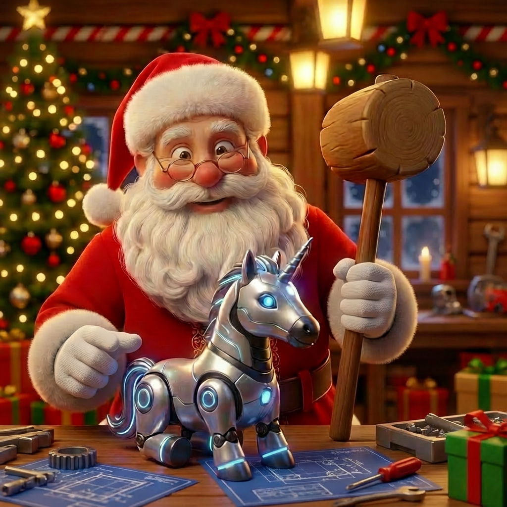 Santa at his workbench examining an AI unicorn prototype before testing for safety and behavior.
